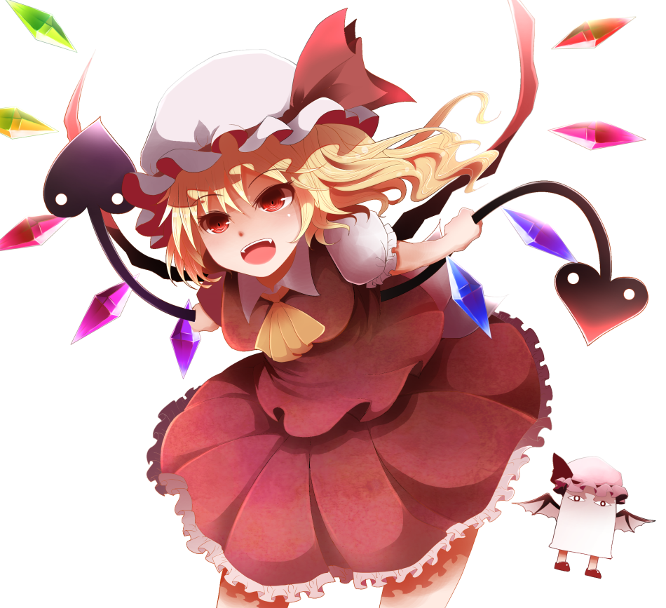 2girls arano_oki bat_wings blonde_hair breasts fangs flandre_scarlet hat holding long_hair looking_at_viewer multiple_girls open_mouth red_eyes remilia_scarlet short_sleeves simple_background tail touhou tsurime wings