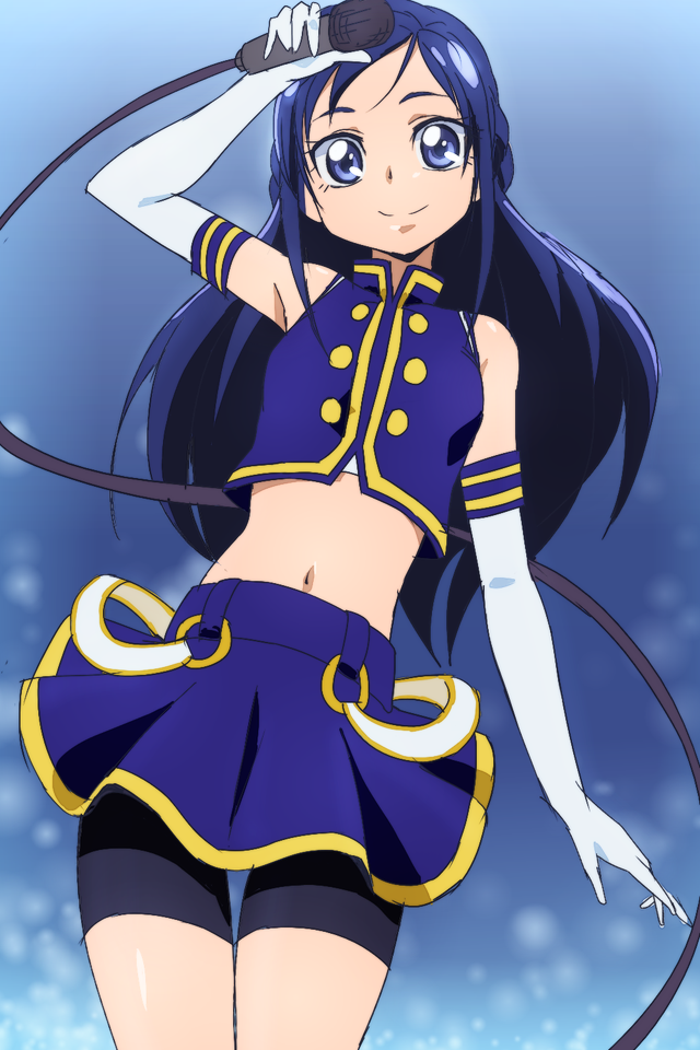 1girl bare_shoulders bike_shorts blue_eyes blue_hair blue_skirt dokidoki!_precure elbow_gloves gloves hishikawa_rikka long_hair looking_at_viewer manji_(tenketsu) microphone midriff navel precure skirt smile solo white_background