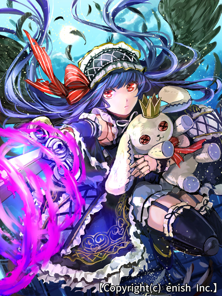 1girl character_request company_name crown doll_joints dragon_tactics feathers garter_straps hairband ichinose777 lolita_hairband long_hair official_art purple_hair red_eyes solo stuffed_animal stuffed_toy sword thigh-highs weapon wings