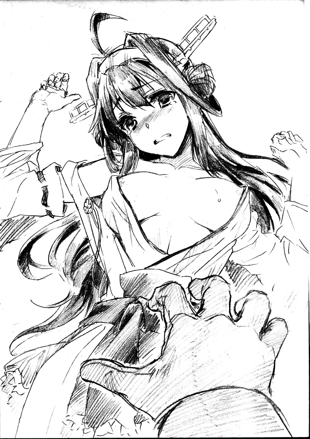 ahoge bare_shoulders byeontae_jagga comic detached_sleeves hairband hands highres japanese_clothes kantai_collection kongou_(kantai_collection) long_hair monochrome nontraditional_miko open_clothes
