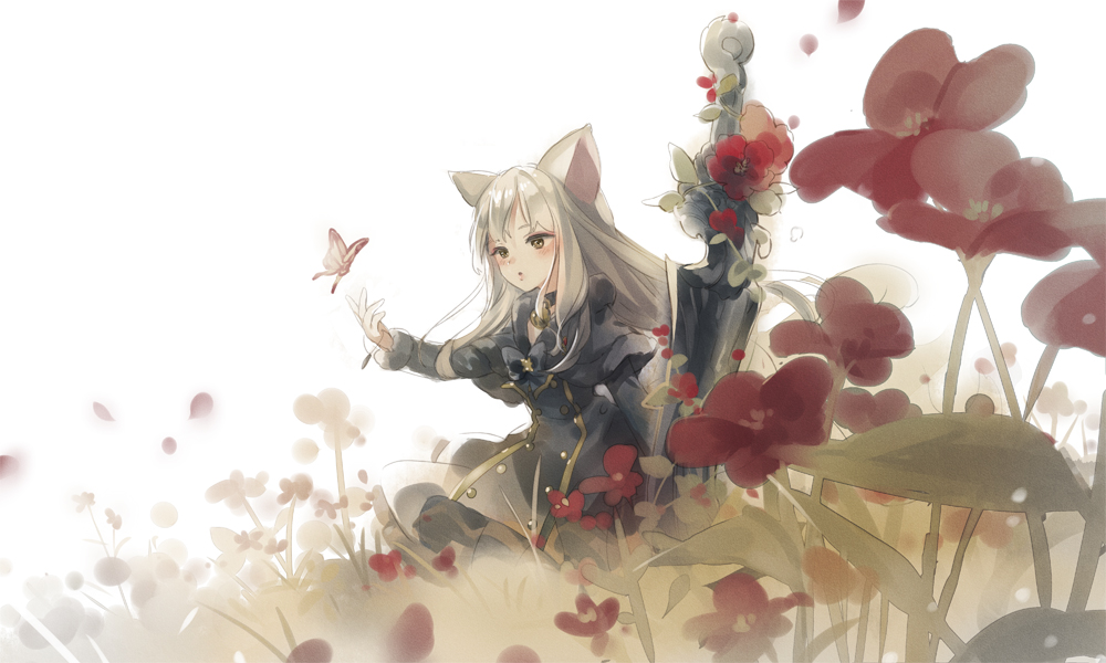 1girl animal_ears bangs bell bell_collar blade_&amp;_soul bow butterfly cat_ears character_request collar dress flower grey_hair hajida jingle_bell long_hair outstretched_hand petals solo sword vines weapon yellow_eyes