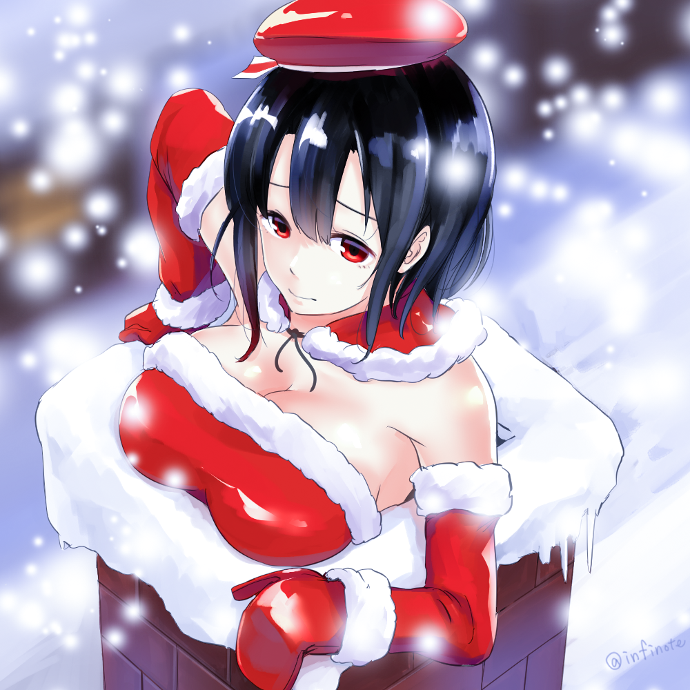 1girl bare_shoulders black_hair blush breasts chimney cleavage elbow_gloves gloves hat kantai_collection large_breasts looking_at_viewer red_eyes santa_costume santa_hat short_hair snow solo stuck takao_(kantai_collection)
