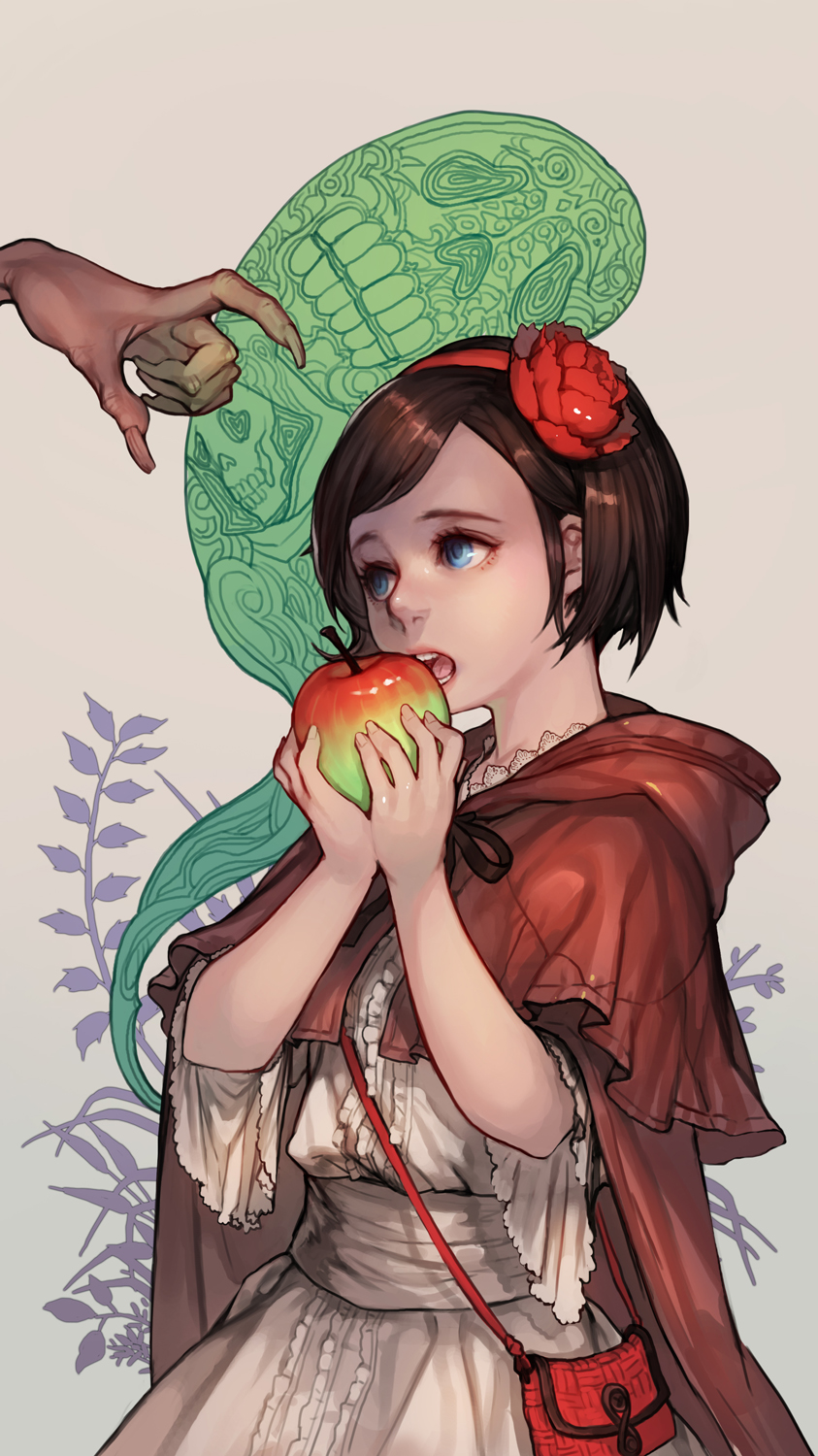 1girl apple bag blue_eyes brown_hair food fruit hairband handbag hands highres holding holding_fruit looking_at_another open_mouth original racoona red_hood short_hair snow_white