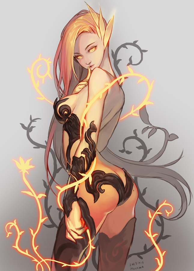 1girl arched_back ass bare_shoulders boots breasts finger_to_mouth flower league_of_legends long_hair looking_at_viewer orange_eyes orange_hair parted_lips racoona sideboob solo thigh-highs thigh_boots zyra