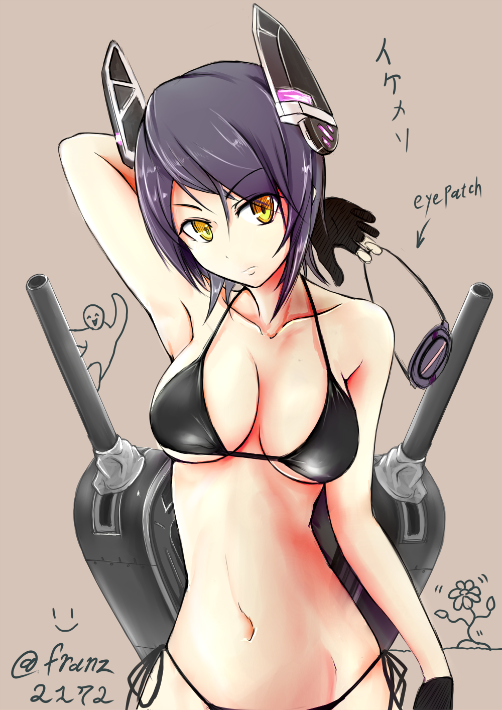 1girl armpits bikini black_bikini black_gloves breasts bust collarbone eyepatch eyepatch_removed female fingerless_gloves franz_(217franz) gloves headgear highres kantai_collection large_breasts lavender_background looking_at_viewer mecha_musume navel purple_hair side-tie_bikini simple_background solo string_bikini swimsuit tenryuu_(kantai_collection) twitter_username yellow_eyes