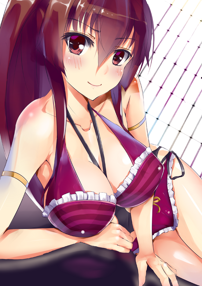 1girl breasts brown_eyes brown_hair henet_hene kantai_collection long_hair ponytail smile solo swimsuit yamato_(kantai_collection)