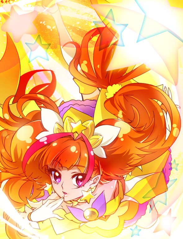 amanogawa_kirara blush cure_twinkle dress gloves go!_princess_precure headdress long_hair magical_girl orange_hair purple_eyes twintails