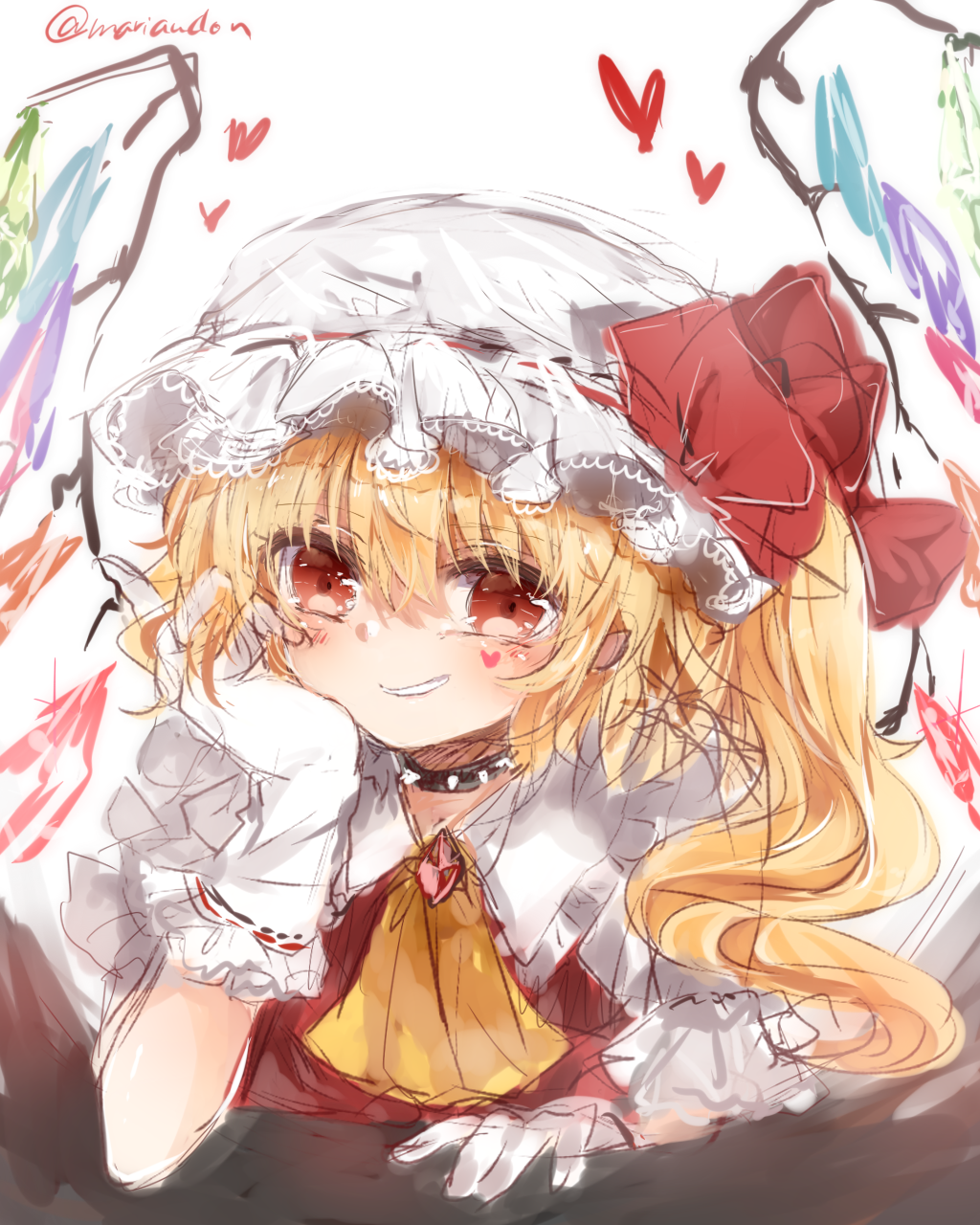 1girl ascot blonde_hair blush bow collar colored crystal flandre_scarlet gloves hat hat_bow heart highres kuromitsu_maria looking_at_viewer mob_cap ponytail puffy_sleeves red_eyes shirt short_hair short_sleeves side_ponytail simple_background sketch smile solo spiked_collar spikes teeth touhou twitter_username vest white_background white_gloves wings