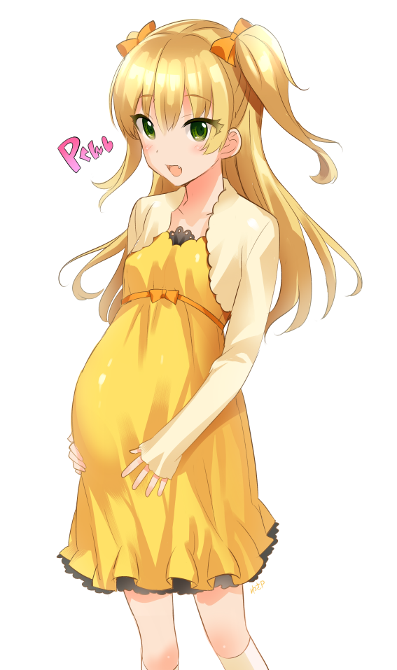 1girl blonde_hair blush green_eyes idolmaster idolmaster_cinderella_girls jougasaki_rika long_hair looking_at_viewer open_mouth pregnant sketch smile solo twintails two_side_up udk