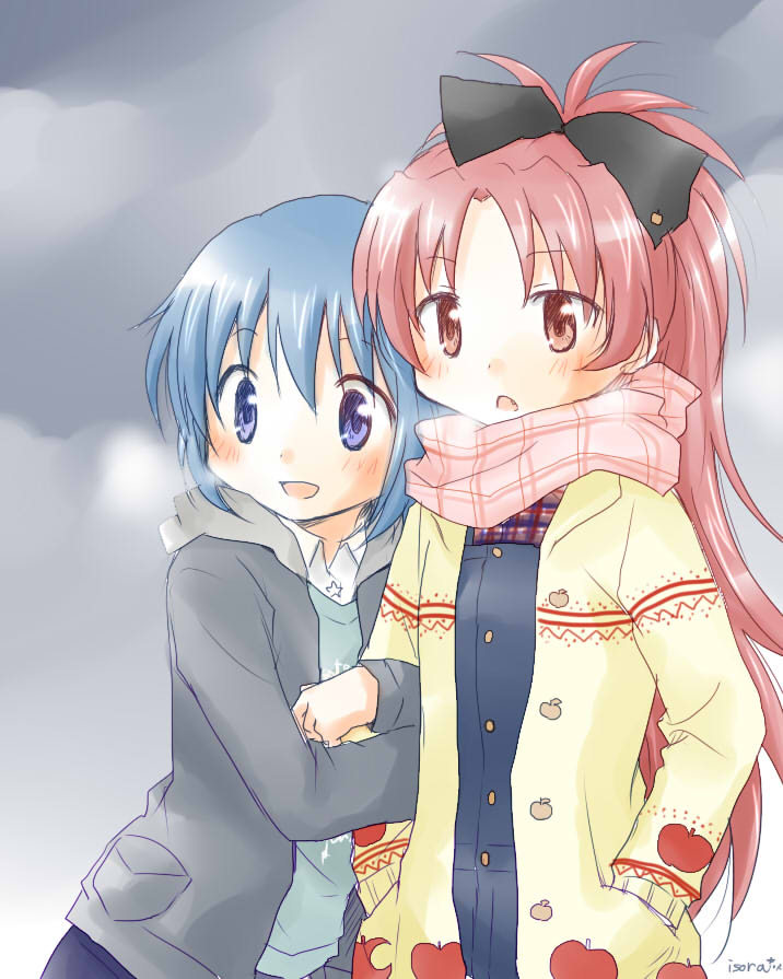 2girls apple arm_hug blue_eyes blush bust food fruit hair_ribbon hands_in_pockets isora jacket long_hair mahou_shoujo_madoka_magica miki_sayaka mittens multiple_girls open_mouth ponytail red_eyes redhead ribbon sakura_kyouko short_hair smile