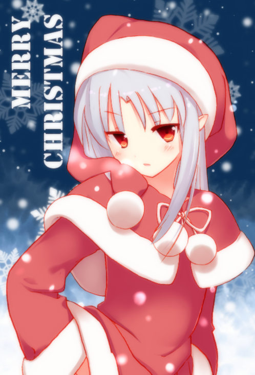 1girl capelet hat long_hair melty_blood pointy_ears red_eyes santa_costume santa_hat shaka-san silver_hair snowing solo tsukihime white_len