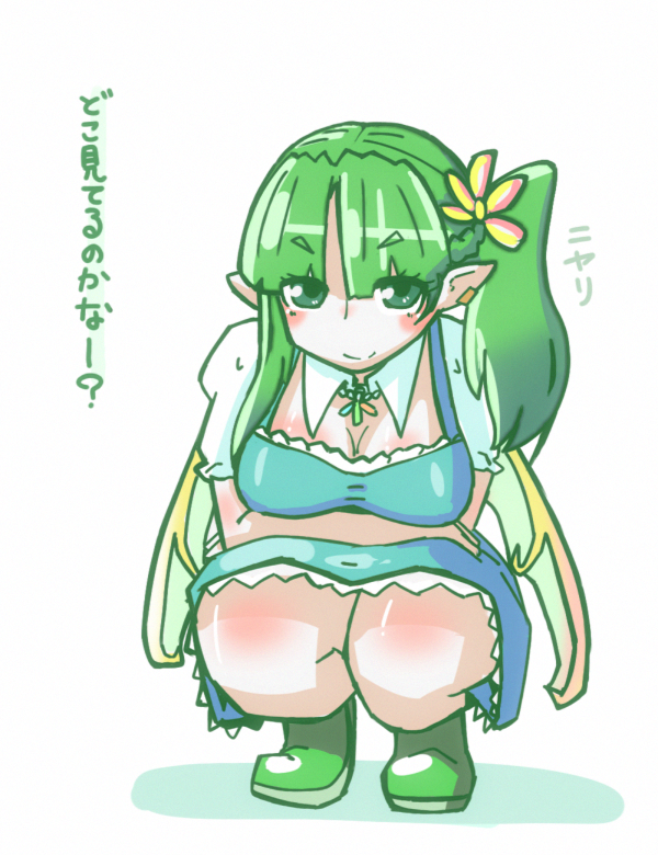 1girl bow daiyousei dress green_eyes green_hair ribbon short_hair shouningyou side_ponytail smile solo squatting touhou translation_request wings