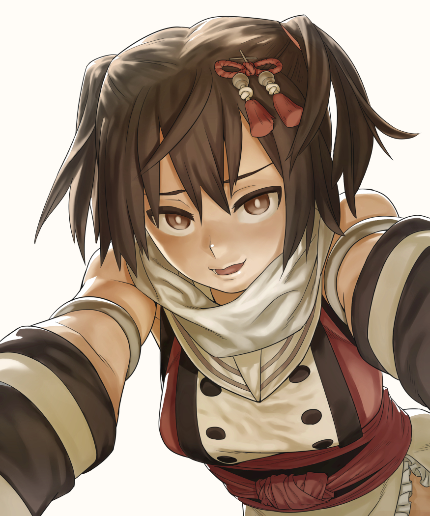 1girl backlighting brown_eyes brown_hair bust elbow_gloves gloves hair_ornament kantai_collection katahira_(hiyama) looking_at_viewer open_mouth reaching scarf seductive_smile sendai_(kantai_collection) short_hair short_twintails simple_background small_breasts smile solo twintails white_background