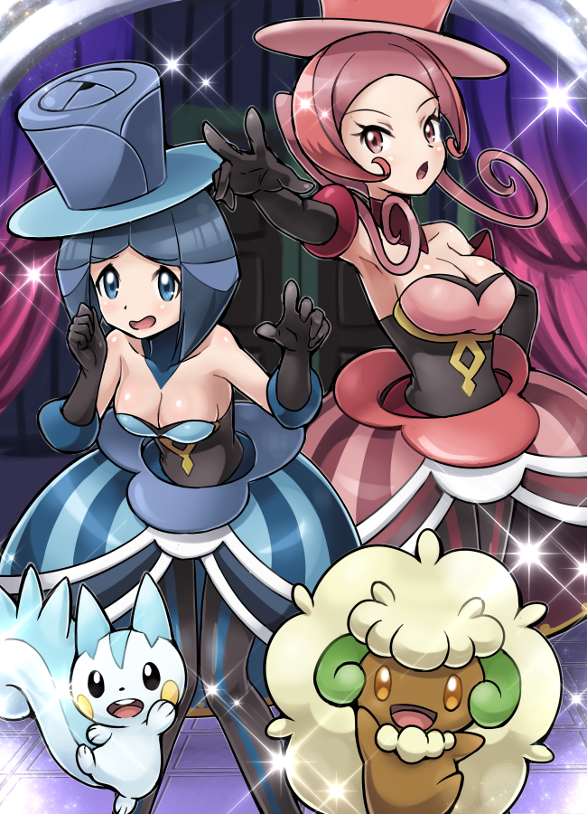 2girls bare_shoulders blue_eyes blue_hair breasts choker cleavage curtains dress elbow_gloves gloves hat lajournee_(pokemon) lesoir_(pokemon) long_hair looking_at_viewer multicolored_hair multiple_girls outstretched_arm pachirisu pantyhose pink_eyes pink_hair pokemoa pokemon pokemon_(creature) pokemon_(game) pokemon_xy skirt skirt_set sparkle striped striped_legwear top_hat twintails two-tone_hair whimsicott