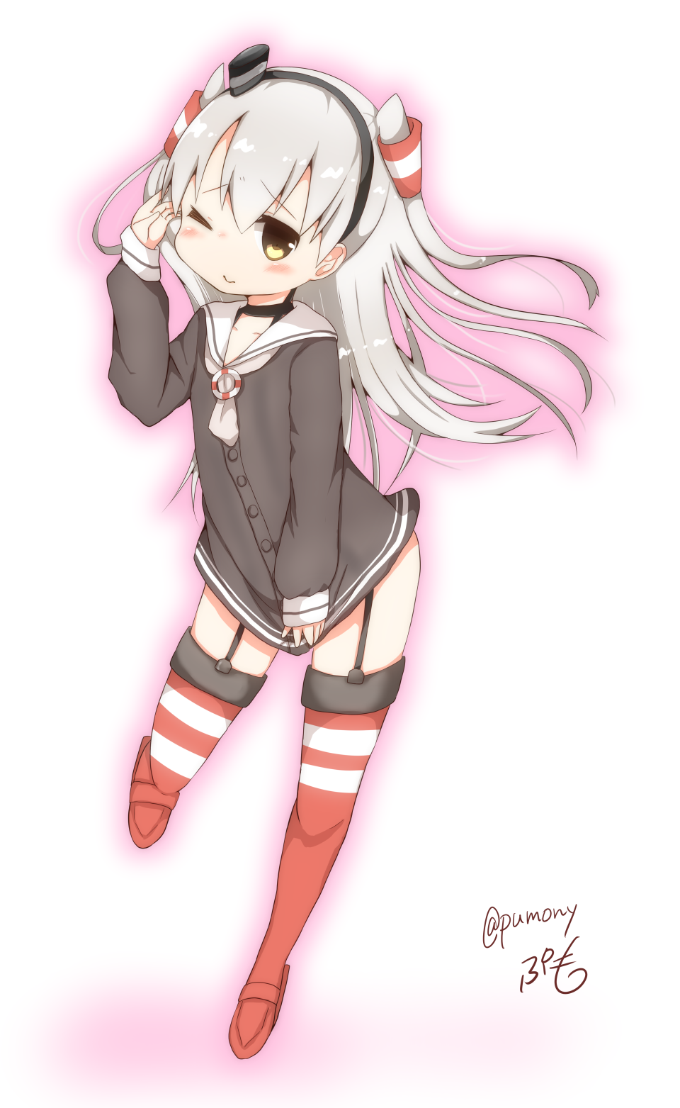 amatsukaze_(kantai_collection) blush brown_eyes closed_mouth garter_straps hair_between_eyes hair_tubes hairband hat highres kantai_collection lifebuoy long_hair long_sleeves multicolored_legwear one_eye_closed pumo_(kapuchiya) sailor_dress scarf silver_hair simple_background thigh-highs twitter_username two_side_up