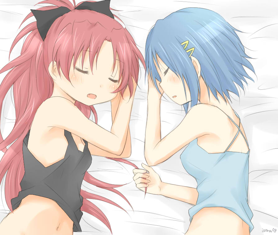 2girls bare_shoulders bed blue_hair bust closed_eyes hair_grab hair_ornament hair_ribbon isora long_hair mahou_shoujo_madoka_magica miki_sayaka multiple_girls open_mouth ponytail red_eyes redhead ribbon sakura_kyouko short_hair sleeping tank_top yuri