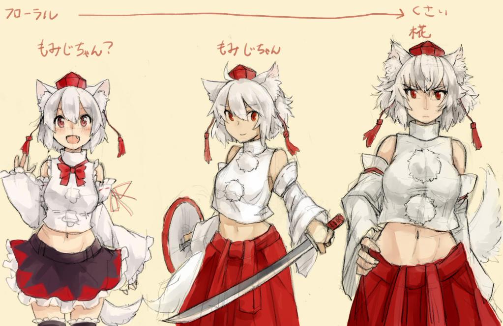 1girl age_comparison albino animal_ears black_legwear blush bow colored detached_sleeves fang hat inubashiri_momiji long_sleeves looking_at_viewer midriff multiple_persona navel older open_mouth piroriking pom_pom_(clothes) red_eyes shield short_hair simple_background sketch skirt smile string sword tail text thigh-highs tokin_hat touhou weapon white_hair wide_sleeves wolf_ears wolf_tail yellow_background younger zettai_ryouiki
