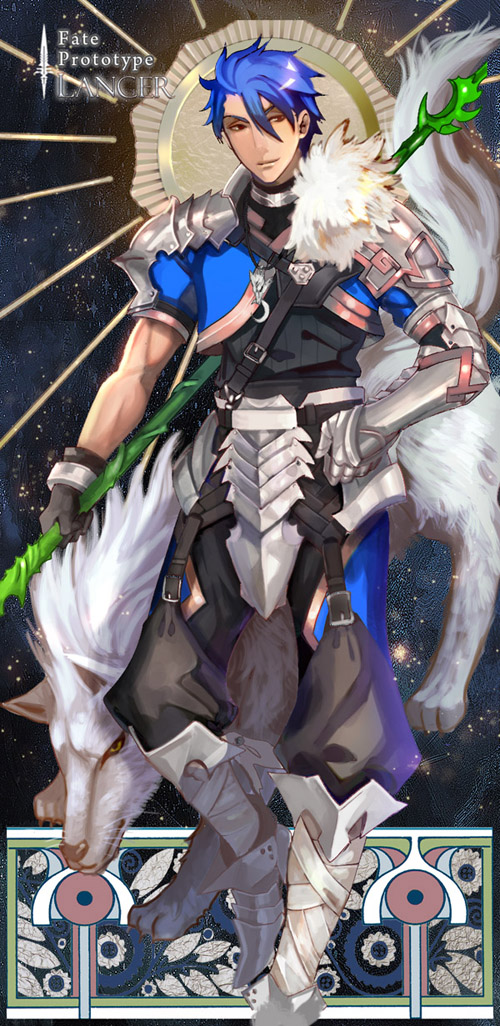 1boy armor astarone blue_hair lancer_(fate/prototype) long_hair polearm ponytail red_eyes solo spear weapon wolf