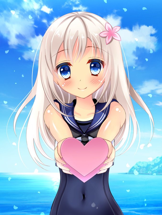 1girl blonde_hair blue_eyes blue_sky blush bust clouds collarbone covered_navel crop_top flower giving hair_flower hair_ornament heart kantai_collection looking_at_viewer petals revision ro-500_(kantai_collection) sailor_collar school_swimsuit sky sleeveless sleeveless_shirt smile solo swimsuit swimsuit_under_clothes valentine water yuzukaze_rio