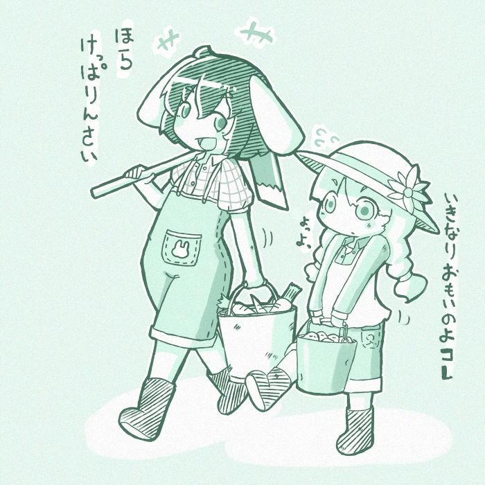 alternate_costume animal_ears bucket carrot contemporary farmer flower hat inaba_tewi long_hair monochrome open_mouth pants rabbit_ears short_hair shouningyou shovel smile suspenders touhou translation_request worktool yagokoro_eirin younger