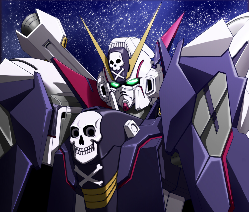 crossbone_gundam crossbone_gundam_x-1 crossbone_gundam_x-1_full_cloth green_eyes gundam gundam_build_fighters gundam_build_fighters_try mecha no_humans skull_and_crossbones