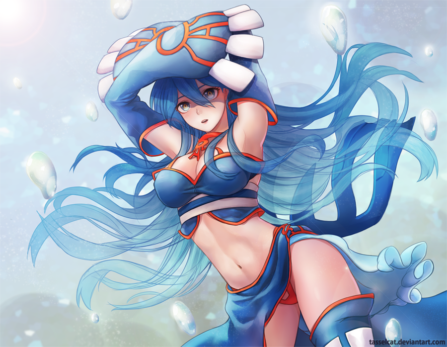 1girl blue_eyes blue_hair blue_legwear breasts covering_face crop_top floating_hair kyogre large_breasts long_hair looking_away midriff parted_lips personification pokemon pokemon_(game) pokemon_rse solo tasselcat thigh-highs