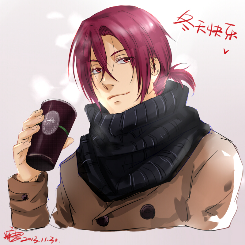 1boy candytang442494812 coat coffee cup free! male_focus matsuoka_rin peacoat red_eyes redhead scarf short_hair smile