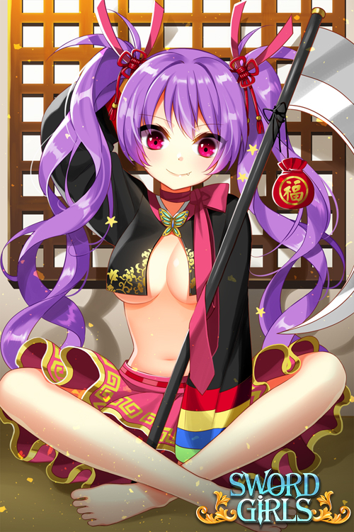 1girl barefoot breasts copyright_name fang long_hair looking_at_viewer myoya pink_eyes purple_hair scythe sitting smile solo sword_girls twintails
