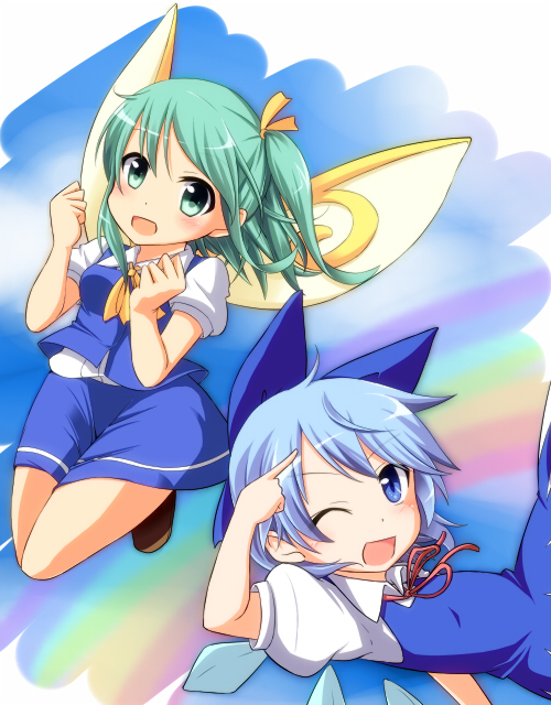 1girl ;d ascot blue_eyes blue_hair cirno collared_shirt daiyousei dress fairy_wings fist_pump flying green_eyes green_hair ice ice_wings looking_at_viewer nitizyo one_eye_closed open_mouth rainbow side_ponytail skirt skirt_set smile touhou tsurime vest wings