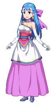 1girl 774_(nanashi) blue_eyes blue_hair bow bracelet braid choker dragon_quest dragon_quest_v earrings elbow_gloves flora gloves hair_bow jewelry long_hair lowres open_mouth pixel_art smile solo white_background