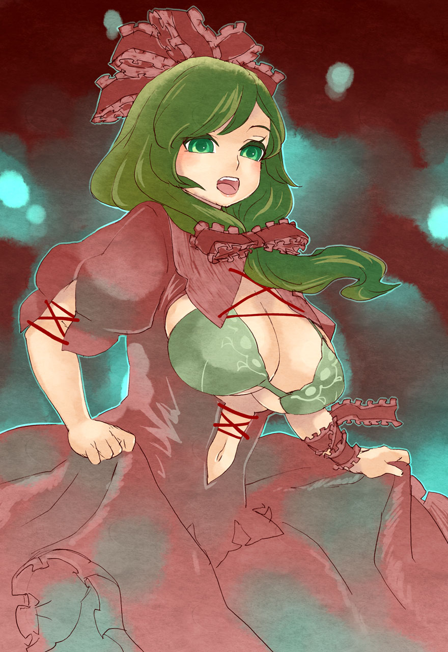 1girl bow breasts cleavage dress front_ponytail green_background green_eyes green_hair hair_bow highres kagiyama_hina large_breasts navel open_clothes open_dress open_mouth puffy_short_sleeves puffy_sleeves red_dress short_sleeves solo touhou tsuutenkaaku under_boob wrist_ribbon