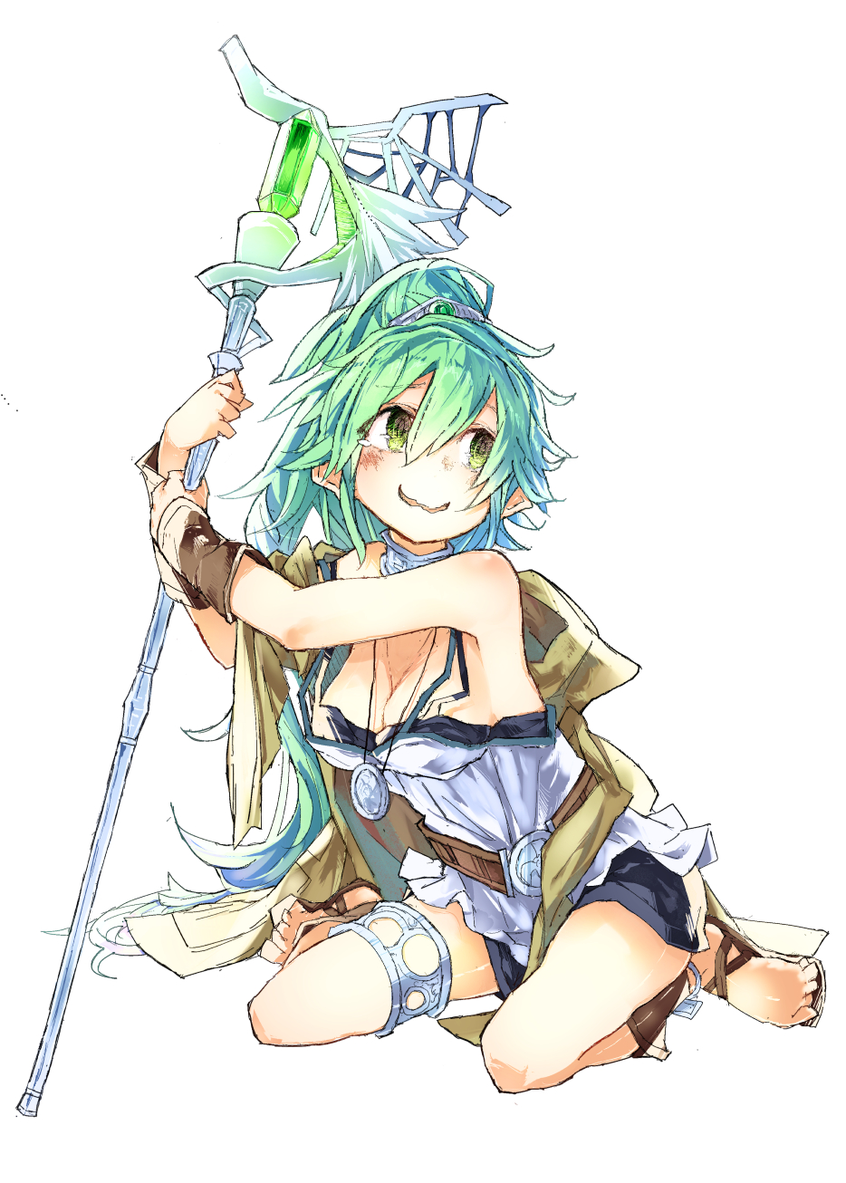 1girl akiyama_tama bare_shoulders barefoot barefoot_sandals breasts cleavage duel_monster green_eyes green_hair highres long_hair medallion off_shoulder ponytail sandals simple_background sitting solo staff tears wariza wavy_mouth white_background winda_priestess_of_gusto yuu-gi-ou