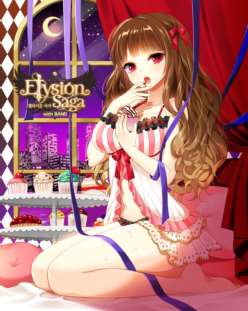 1girl babydoll bed bow brown_hair cherry copyright_name crescent_moon cupcake elysion_saga food frills fruit long_hair moon myoya panties pillow red_eyes ribbon seiza sitting sky solo star_(sky) starry_sky striped underwear wavy_hair window