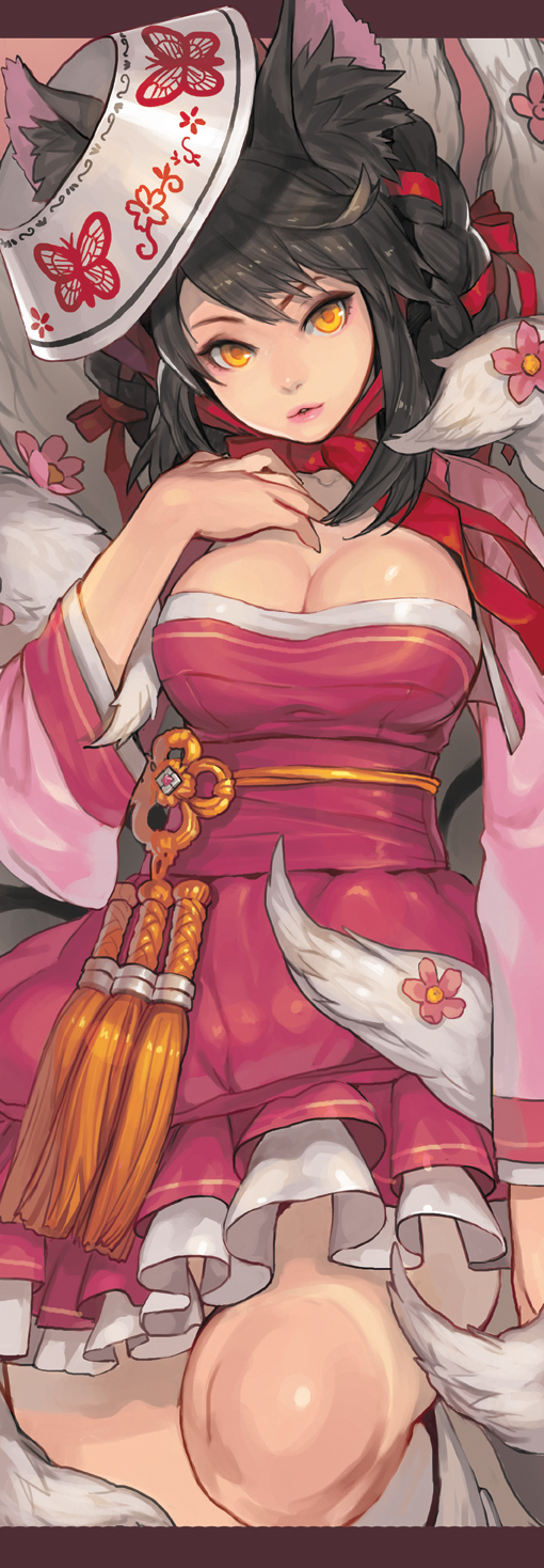 1girl ahri animal_ears black_hair braid breasts cleavage dress fox_ears highres knees league_of_legends lips long_hair looking_at_viewer open_clothes racoona solo tail yellow_eyes
