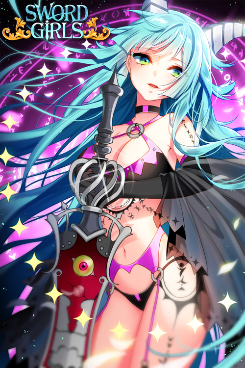 1girl aqua_eyes bare_shoulders black_gloves breasts choker cleavage copyright_name elbow_gloves gloves green_eyes horns lips long_hair myoya navel open_mouth solo sword sword_girls tattoo weapon
