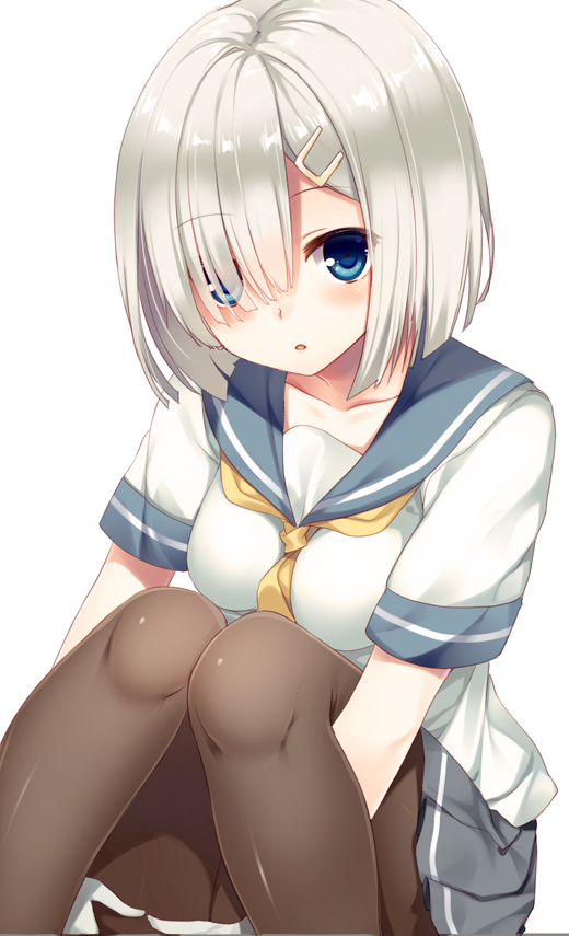 1girl blue_eyes blush breasts brown_legwear bust collarbone hair_ornament hair_over_one_eye hairclip hamakaze_(kantai_collection) kantai_collection knees_touching looking_at_viewer miniskirt neckerchief pantyhose parted_lips pleated_skirt school_uniform serafuku short_hair short_sleeves silver_hair simple_background skirt solo teroru white_background