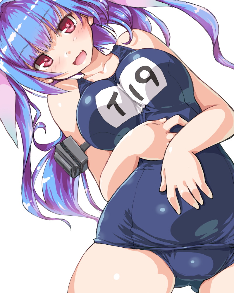 1girl blue_hair blush breasts cowboy_shot dd_(ijigendd) fang i-19_(kantai_collection) kantai_collection large_breasts long_hair one-piece_swimsuit school_swimsuit simple_background smile solo swimsuit twintails violet_eyes white_background
