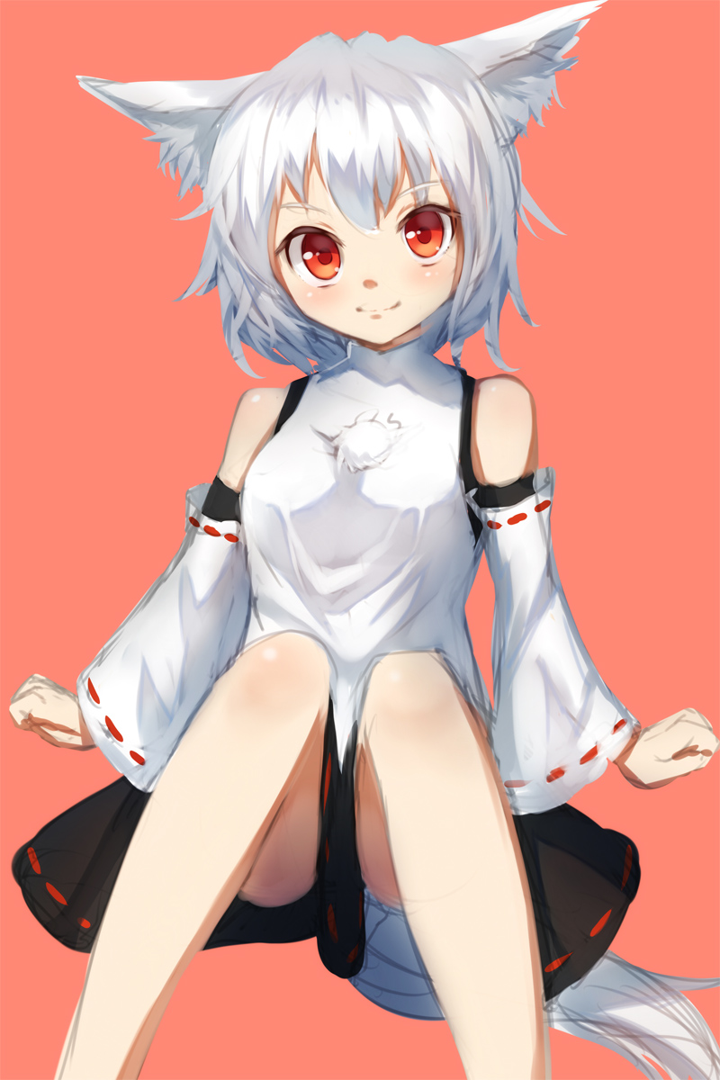 1girl animal_ears blush detached_sleeves highres inubashiri_momiji looking_at_viewer no_hat orange_background pom_pom_(clothes) red_eyes ribbon-trimmed_sleeves ribbon_trim shone short_hair silver_hair simple_background sitting skirt smile solo tail touhou wolf_ears wolf_tail