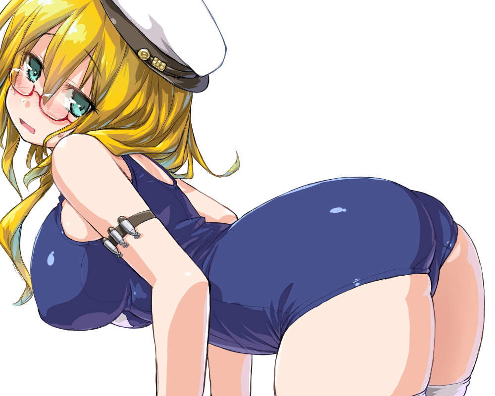 1girl armband ass bent_over blonde_hair blue_eyes blush breasts dd_(ijigendd) glasses hat i-8_(kantai_collection) kantai_collection large_breasts one-piece_swimsuit solo swimsuit thigh-highs torpedo