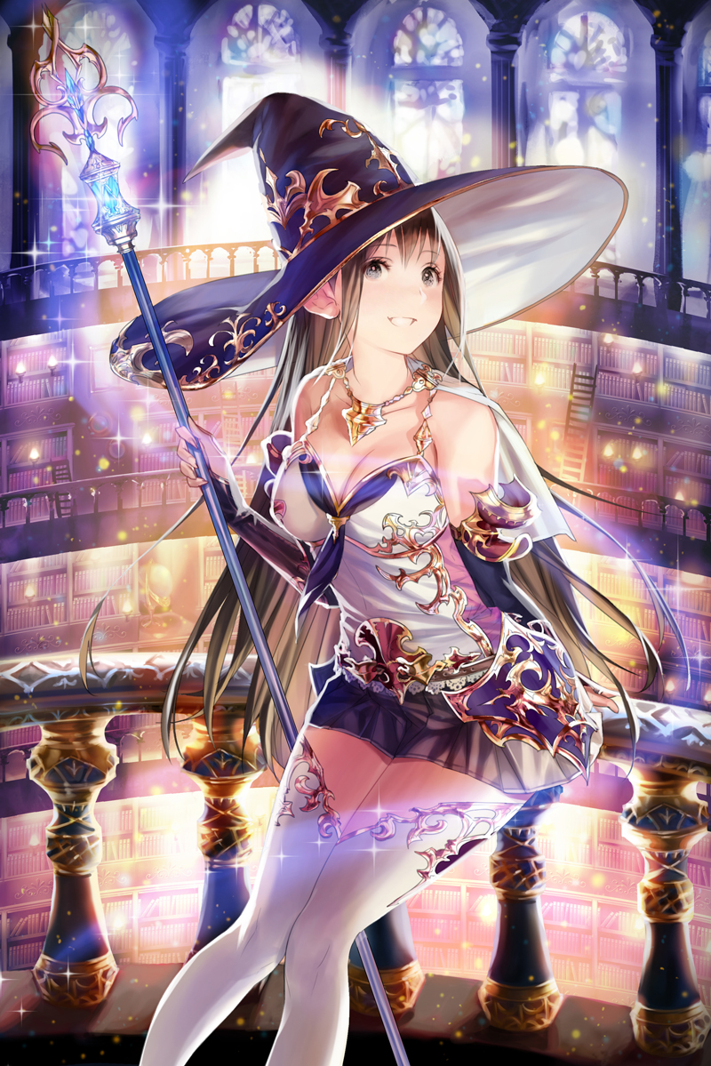 1girl ascot book breasts bridal_gauntlets brown_hair cleavage genjin hat jewelry ladder library long_hair necklace original scepter solo thigh-highs white_legwear witch witch_hat