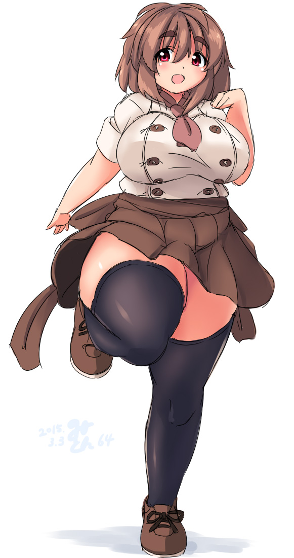 1girl :d black_legwear blush breasts brown_hair chef_uniform eno_konoe eyebrows fat large_breasts looking_at_viewer messy_hair mikomu neckerchief open_mouth original plump red_eyes running smile solo tareme taut_clothes taut_shirt thick_eyebrows thick_thighs thigh-highs thighs wide_hips zettai_ryouiki