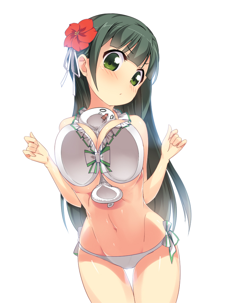 1girl against_glass between_breasts bikini breast_press breasts_on_glass flower gia_kon gochuumon_wa_usagi_desu_ka? green_eyes green_hair hair_ornament long_hair midriff mound_of_venus navel o_o open_mouth solo swimsuit tippy_(gochuumon_wa_usagi_desuka?) ujimatsu_chiya