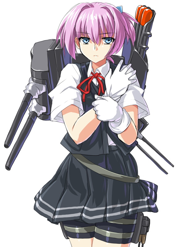 1girl bike_shorts blue_eyes dd_(ijigendd) gloves kantai_collection pink_hair pleated_skirt school_uniform shiranui_(kantai_collection) short_hair short_ponytail simple_background skirt solo thigh_strap turret white_background white_gloves