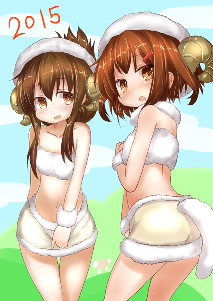 2girls animal_costume bare_shoulders blush brown_eyes brown_hair folded_ponytail hair_ornament hairclip horns ikazuchi_(kantai_collection) inazuma_(kantai_collection) inyucchi kantai_collection kemonomimi_mode looking_at_viewer multiple_girls open_mouth sheep_costume sheep_horns skirt skirt_set tubetop