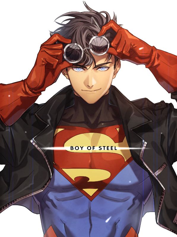 1boy artist_request black_hair blue_eyes dc_comics gloves holding holding_sunglasses jacket smile solo sunglasses superboy