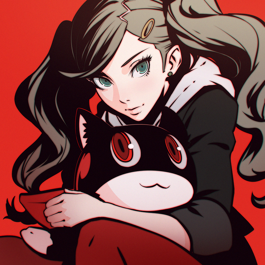2girls :3 brown_hair cat earrings hair_ornament ilya_kuvshinov jewelry long_hair looking_at_viewer morgana_(persona_5) multiple_girls pantyhose persona persona_5 red_background red_eyes red_legwear revision simple_background takamaki_ann takamaki_anzu twintails