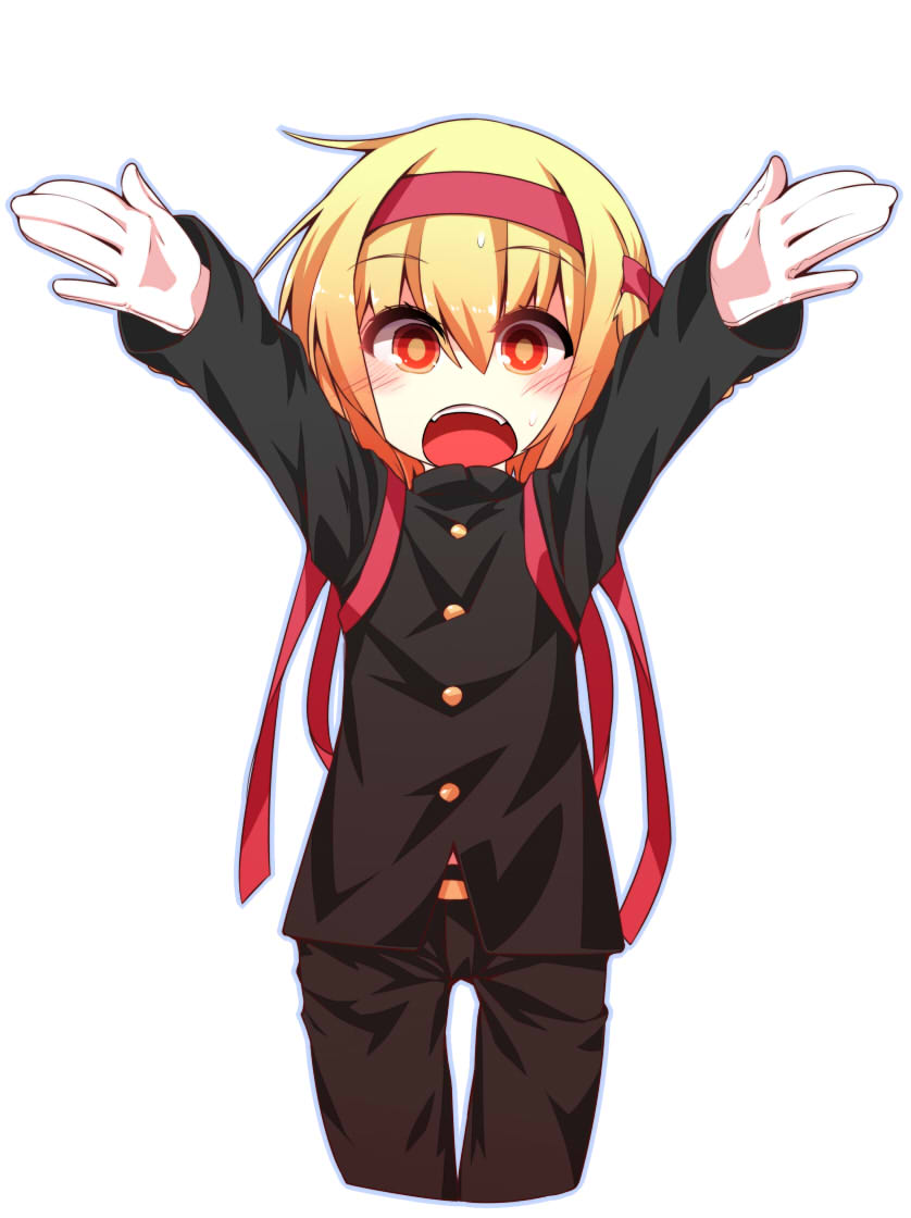 1girl adapted_costume blonde_hair hair_ribbon incoming_hug looking_at_viewer open_mouth outstretched_arms pants red_eyes ribbon rumia school_uniform shamo_(koumakantv) shirt solo touhou