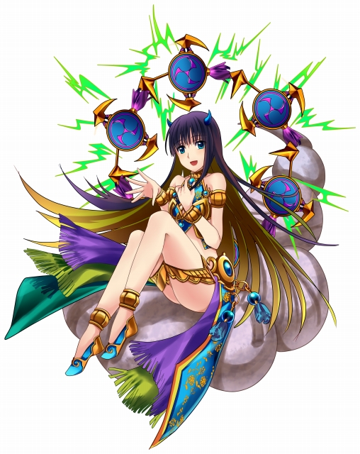 1girl :d armlet blue_eyes bracelet electricity gradient_hair horns jewelry long_hair looking_at_viewer mahou_tsukai_to_kuroneko_no_wiz midriff multicolored_hair open_mouth rozureidosan sitting smile thighs