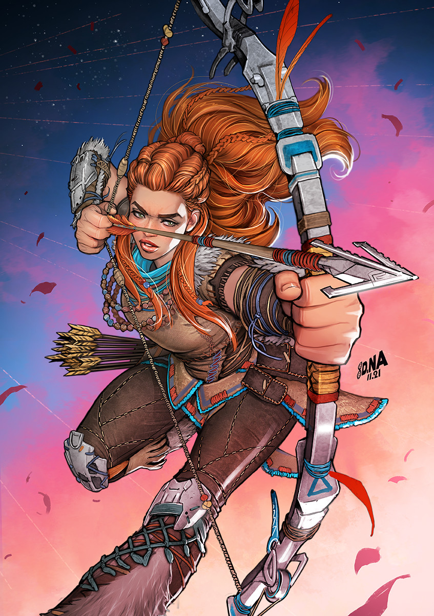 1girl aloy_(horizon) arrow_(projectile) artist_name bow_(weapon) braid dated david_nakayama falling_petals green_eyes highres holding holding_weapon horizon_zero_dawn initial jewelry long_hair necklace orange_hair petals quiver simple_background solo watermark weapon