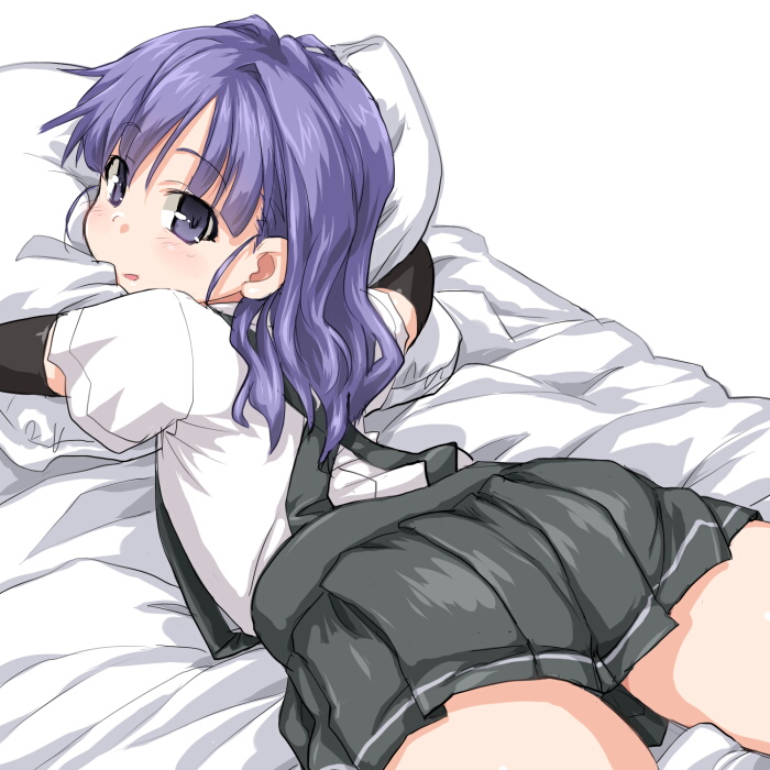 1girl alternate_hairstyle blush dd_(ijigendd) grey_skirt hair_down kantai_collection long_hair lying on_stomach ooshio_(kantai_collection) open_mouth pillow pleated_skirt purple_hair short_sleeves simple_background skirt solo suspenders violet_eyes white_background